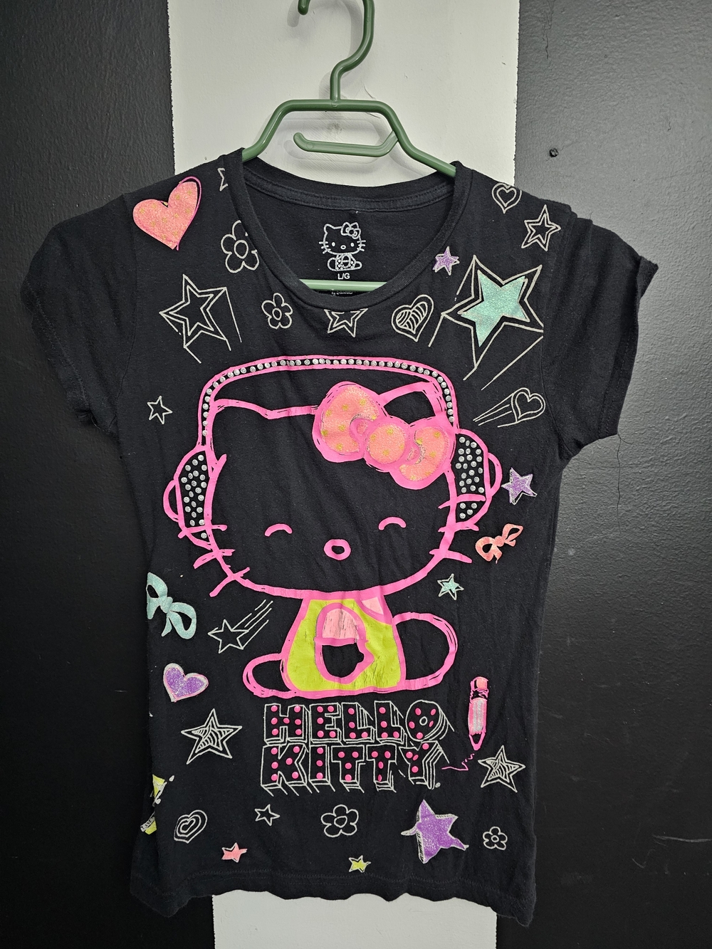 Hello Kitty Black Short Sleeve Tee with Neon Pink and Lime Accents